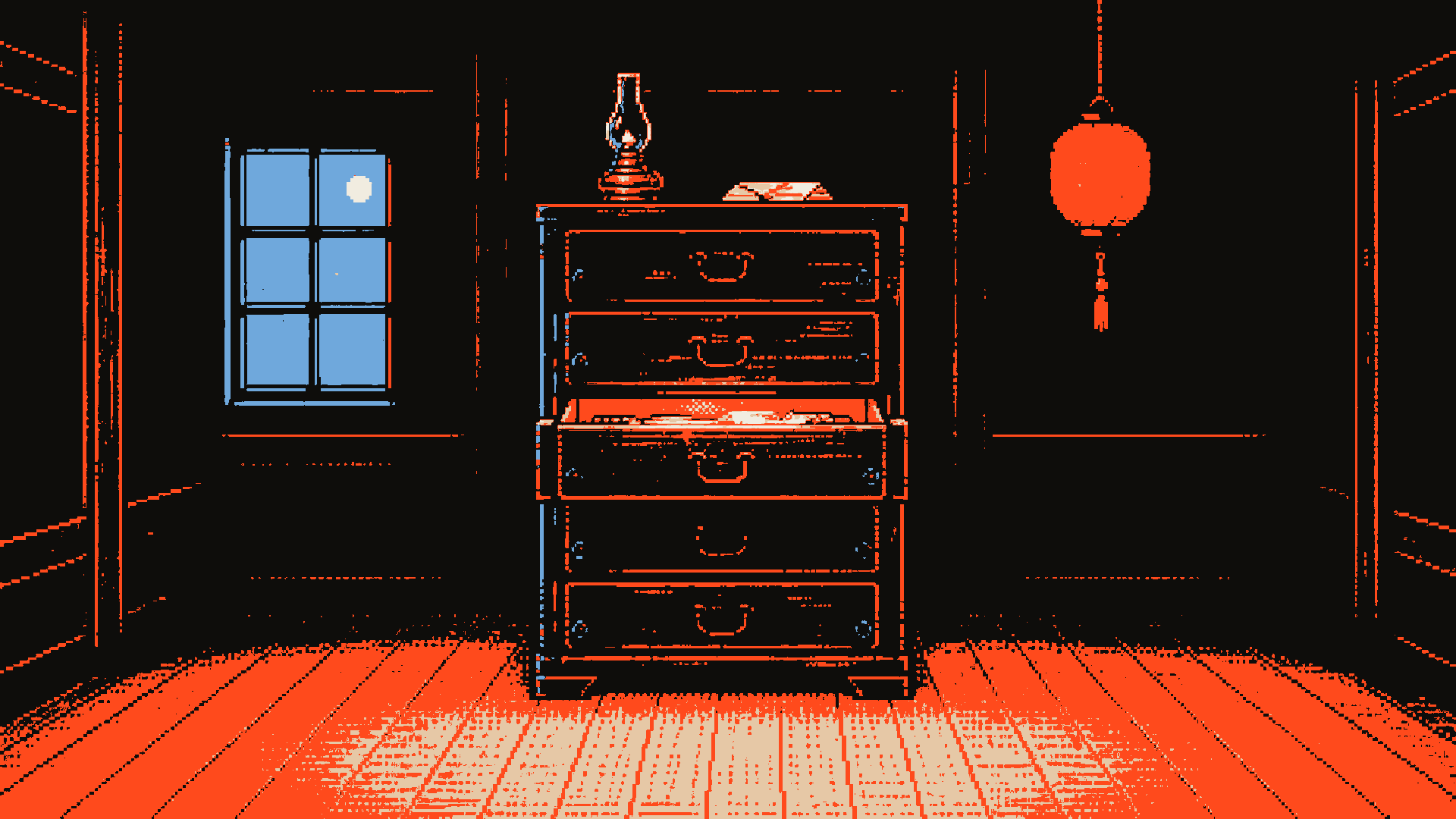 A pixel-art interior of a wooden cabinet at night. One drawer is pulled slightly open, glowing with warm amber light. The other drawers are closed. A quiet, private archive room.