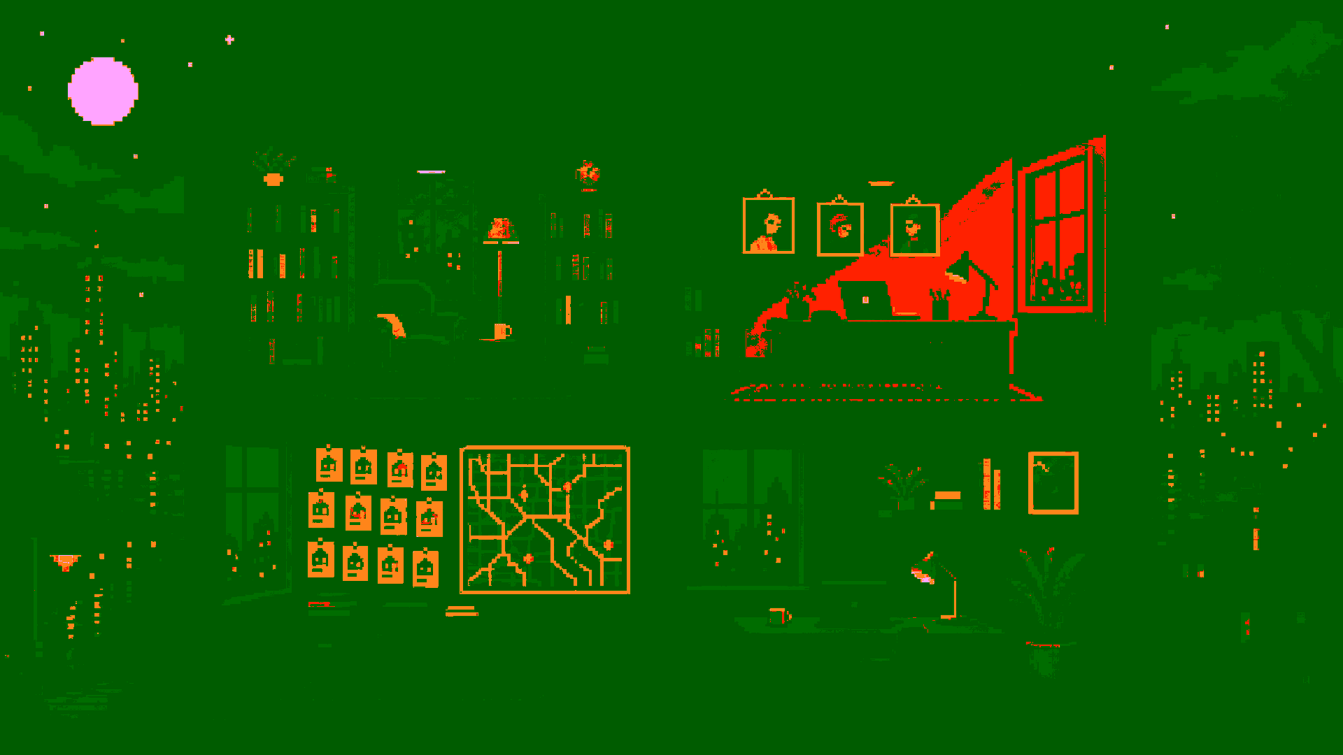 Pixel-art cutaway of four memory Spaces: Reading, Founders, House search, and Personal AI. The Founders room is warmly lit as the active scope.